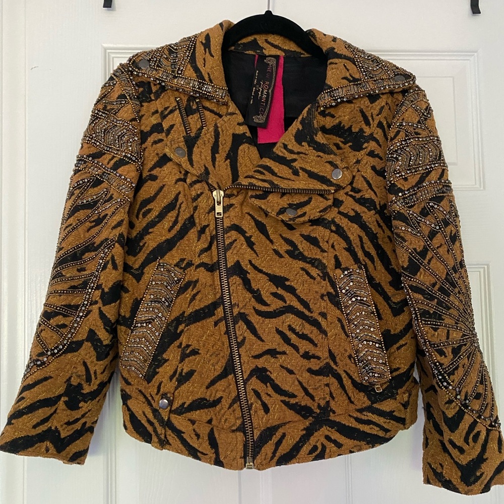 Free People New Romantics Tiger Beaded Motorcycle Jacket Size Small